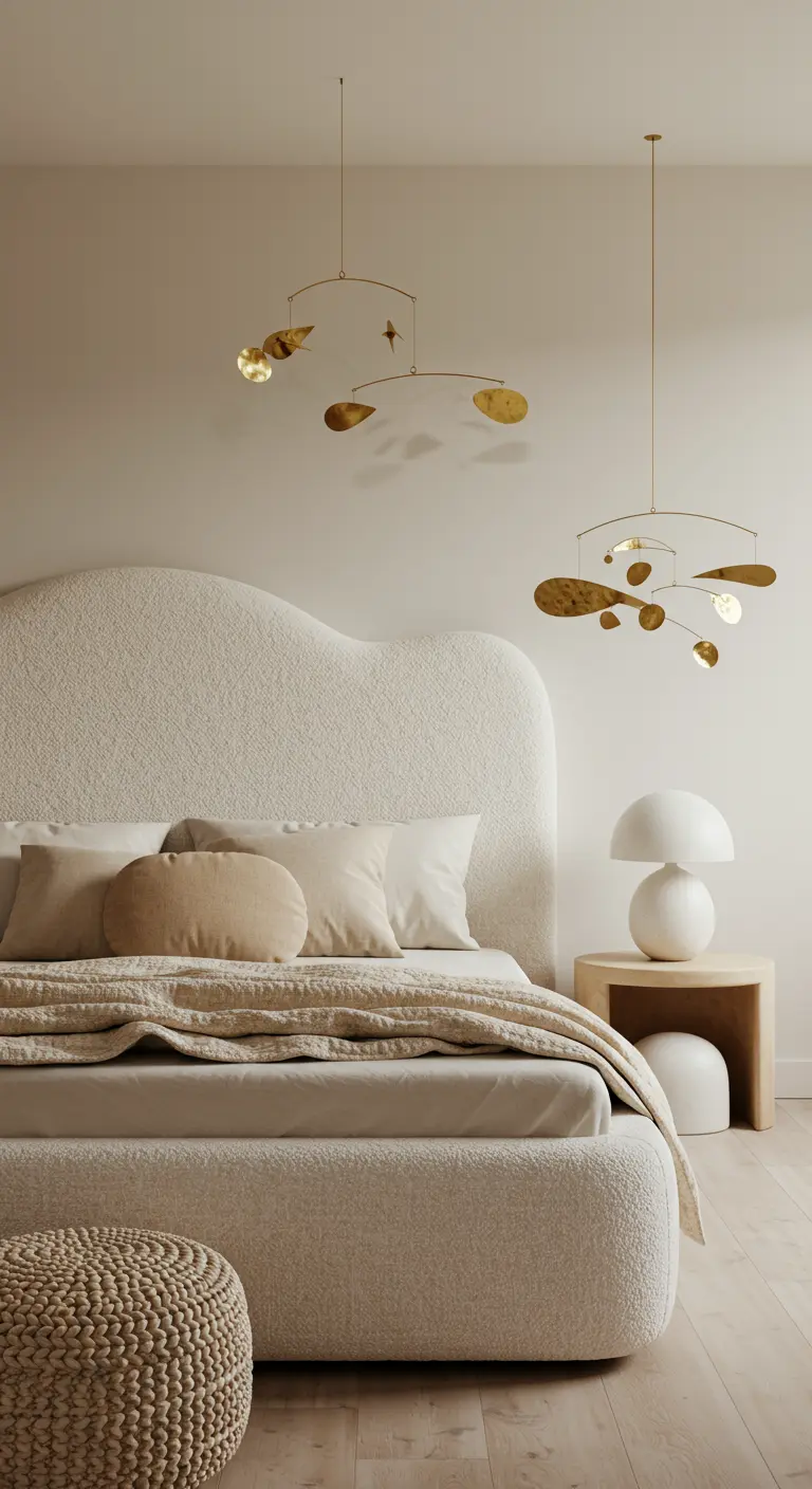 Cream bouclé bed with a curved headboard under two brass mobile-style light fixtures.