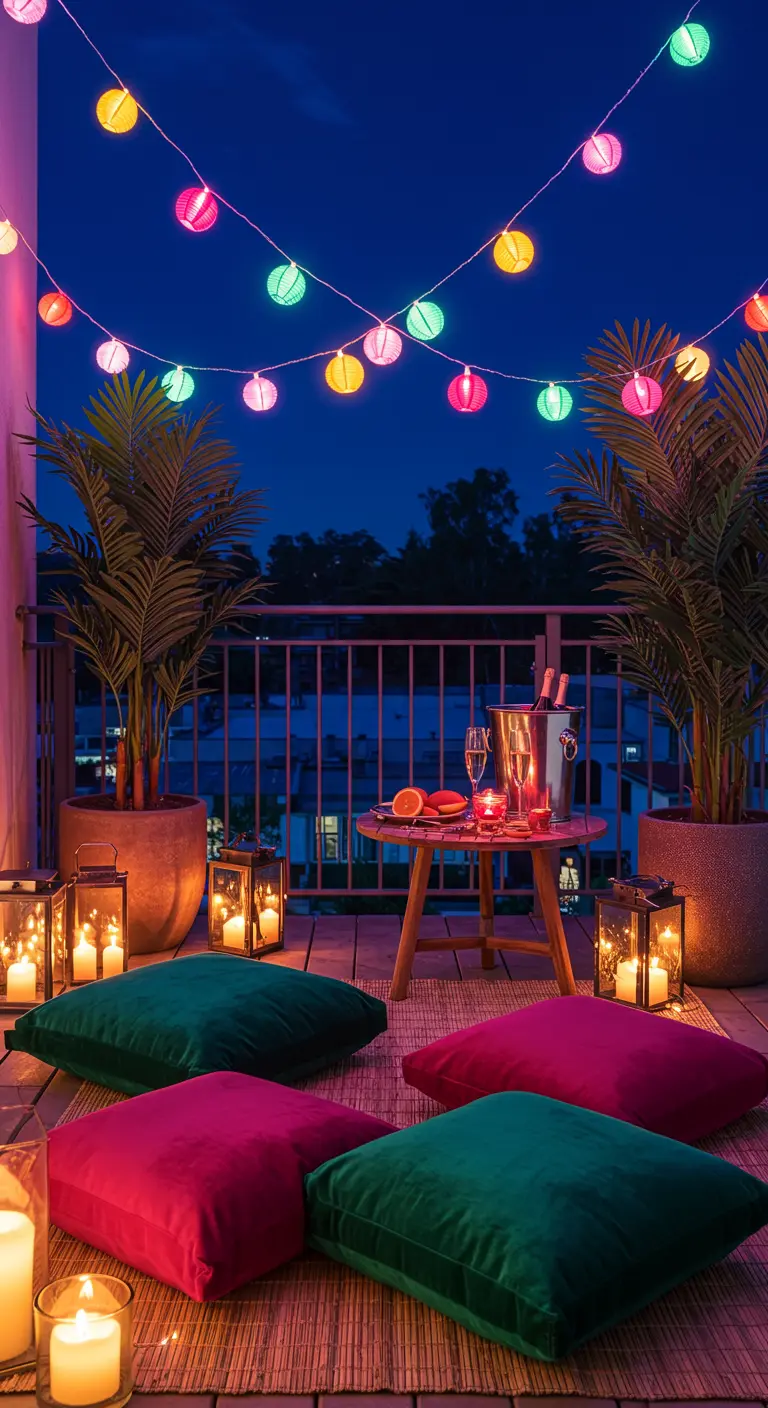 Balcony with multi-colored paper lanterns, potted palms, and bright velvet floor cushions.