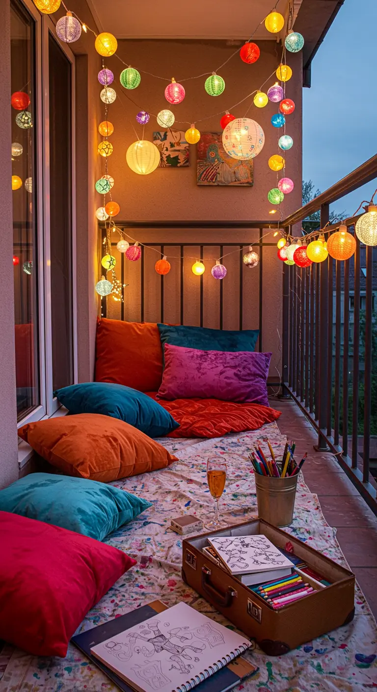 Balcony with colorful string lanterns, patterned rug, and bright velvet cushions.