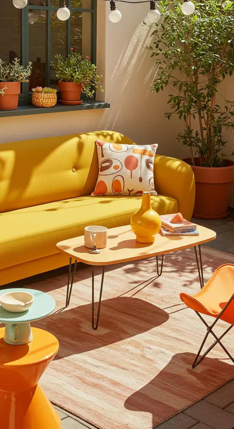 A mustard sofa on a sunny patio with a retro pillow and bright orange and teal accents.