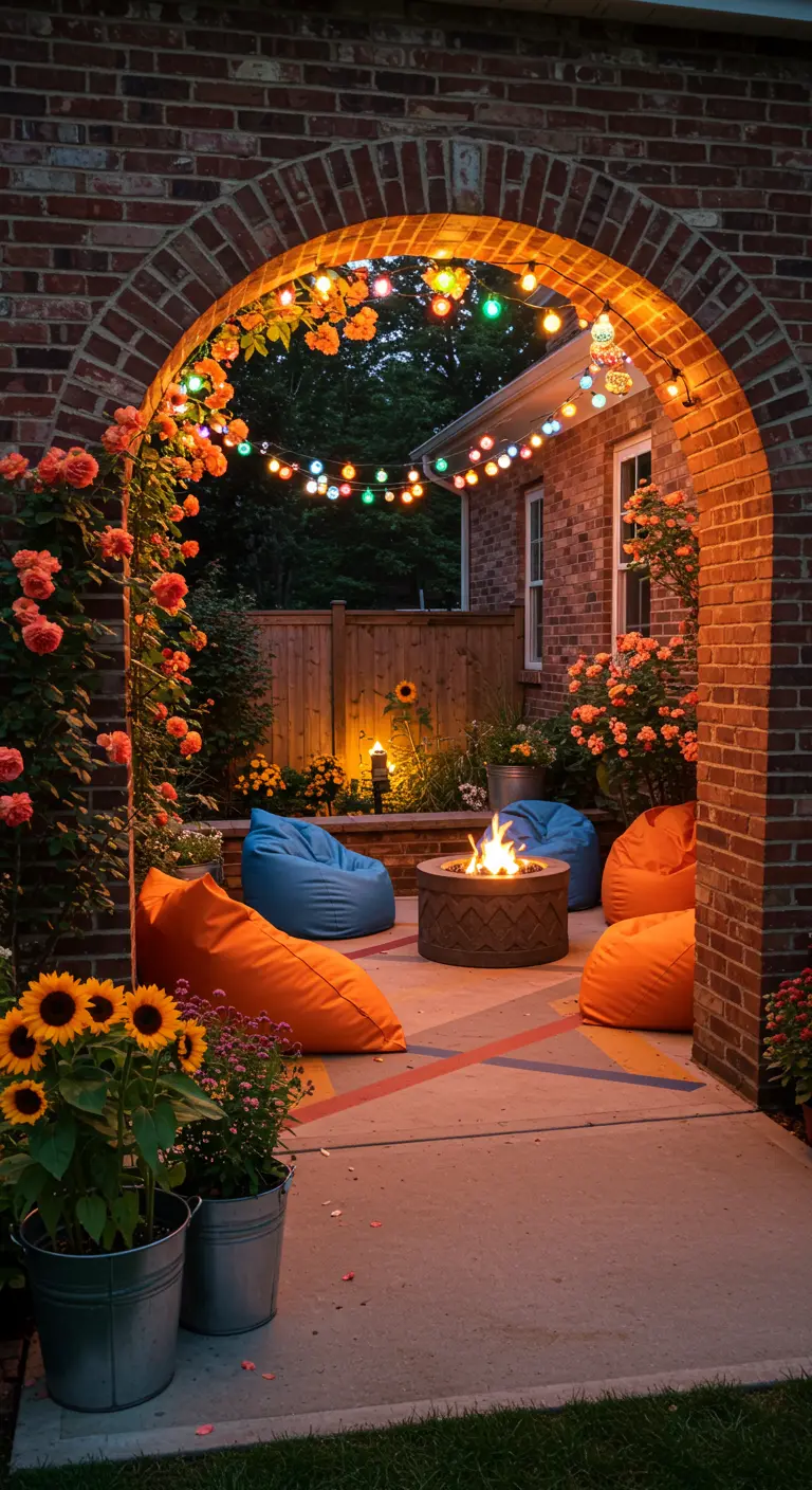 Brick archway with orange climbing roses and colorful string lights over a patio with bean bags.