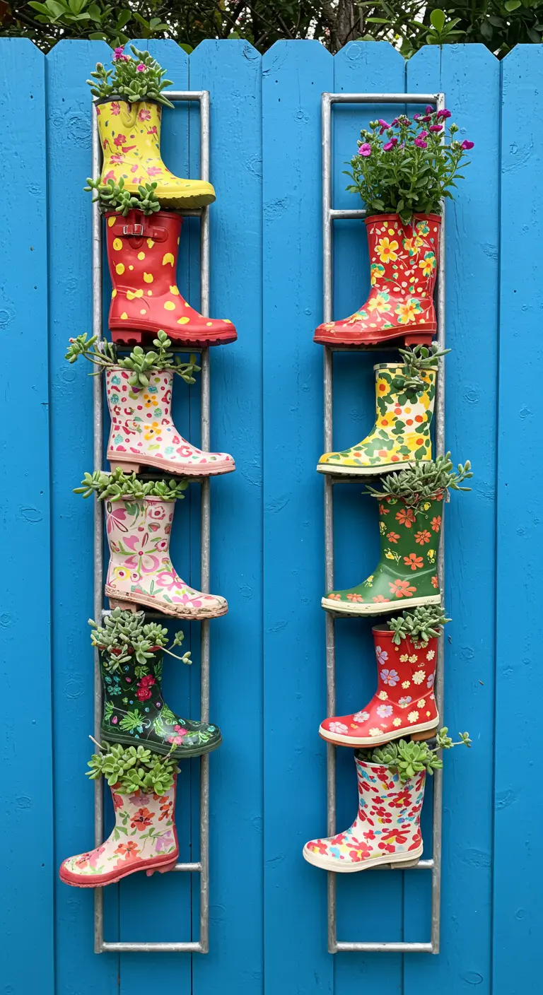 Colorful patterned rain boots with flowers hanging on two ladders against a blue fence.