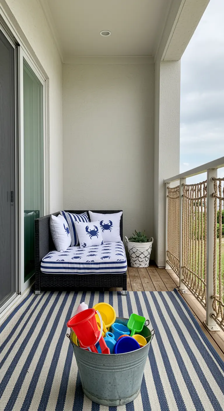 A family-friendly balcony with a striped rug, rope railing, and crab-print pillows.