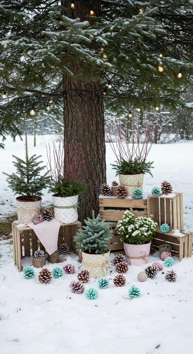 Snowy garden with stacked crates, polka dot plants, and colorful painted pinecones.