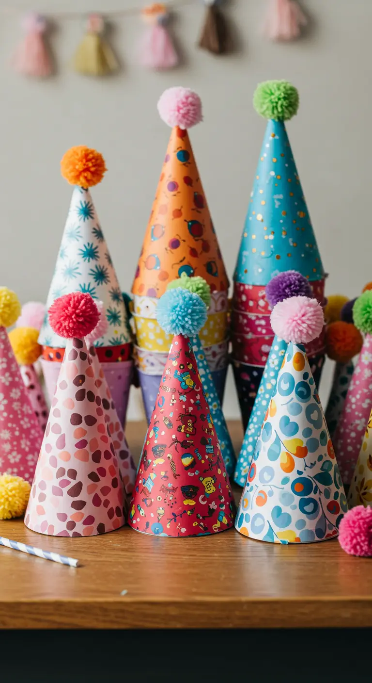A collection of colorful patterned party hats topped with handmade yarn pom-poms.