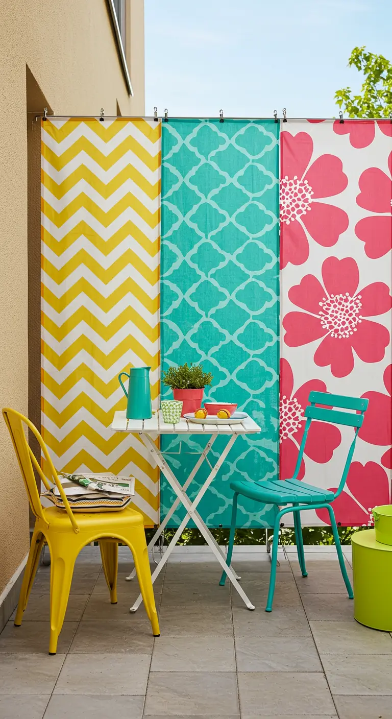 Colorful, patterned fabric panels hanging as a privacy screen behind a bistro set.