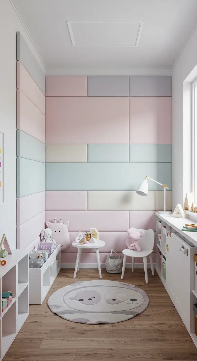 A child's room corner lined with pastel pink, blue, and gray upholstered panels.
