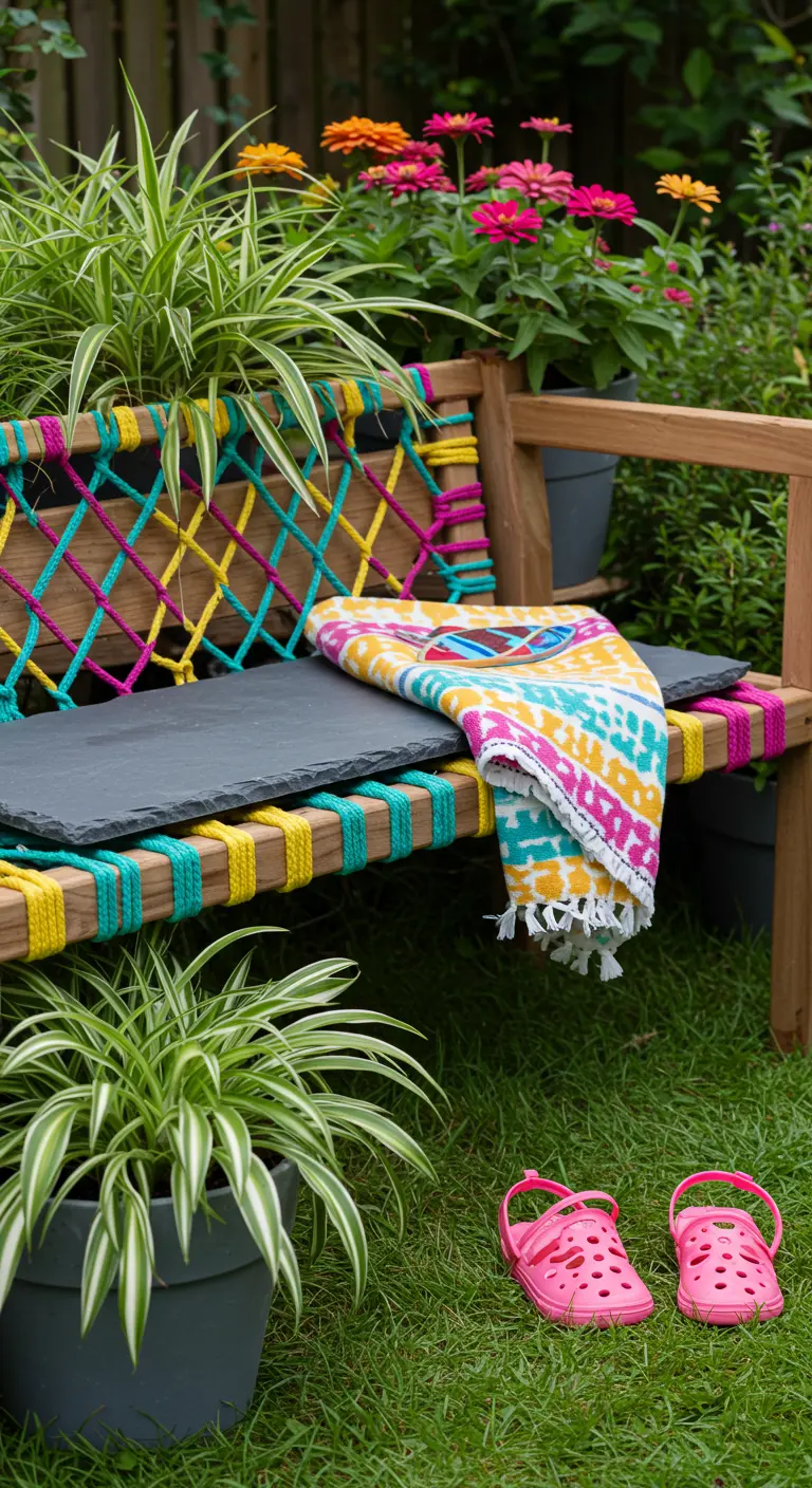 A wooden bench with a backrest woven from colorful ropes, surrounded by bright flowers.