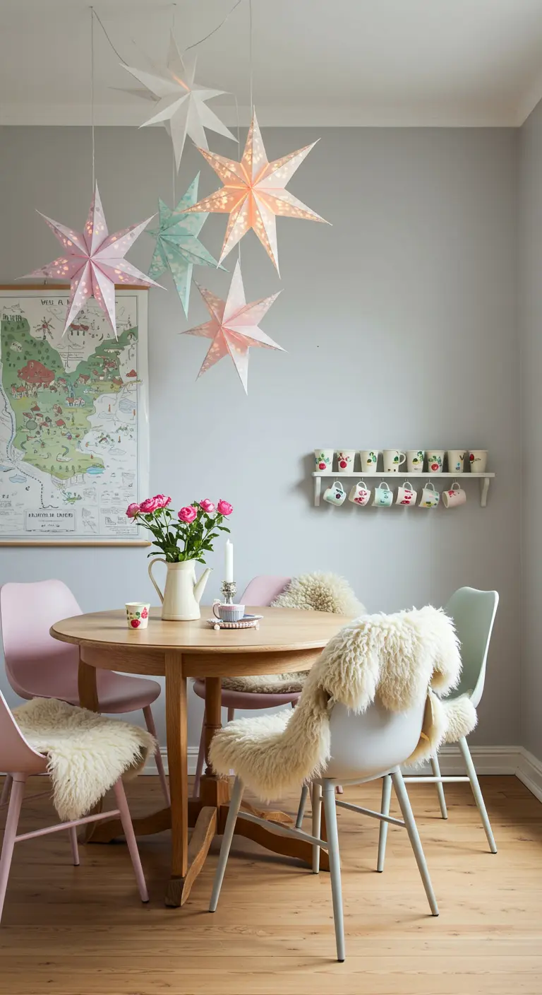 Round oak dining table with pastel chairs, one with a sheepskin throw, under hanging paper star lanterns.