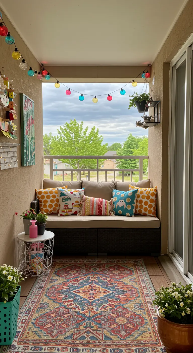 A small, enclosed balcony with a simple sofa, colorful quirky pillows, and globe string lights.