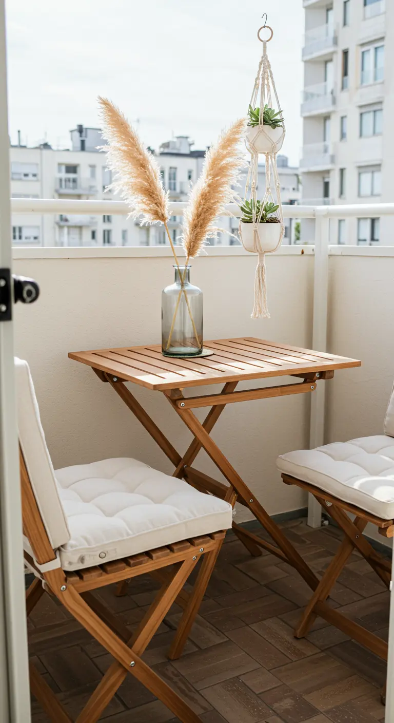 Pampas grass in a vase on a teak table with cushioned chairs.