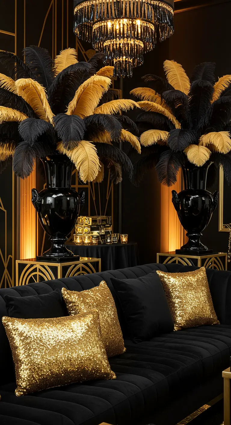 A black sofa with gold sequin pillows in front of two large black urns filled with gold and black feathers.