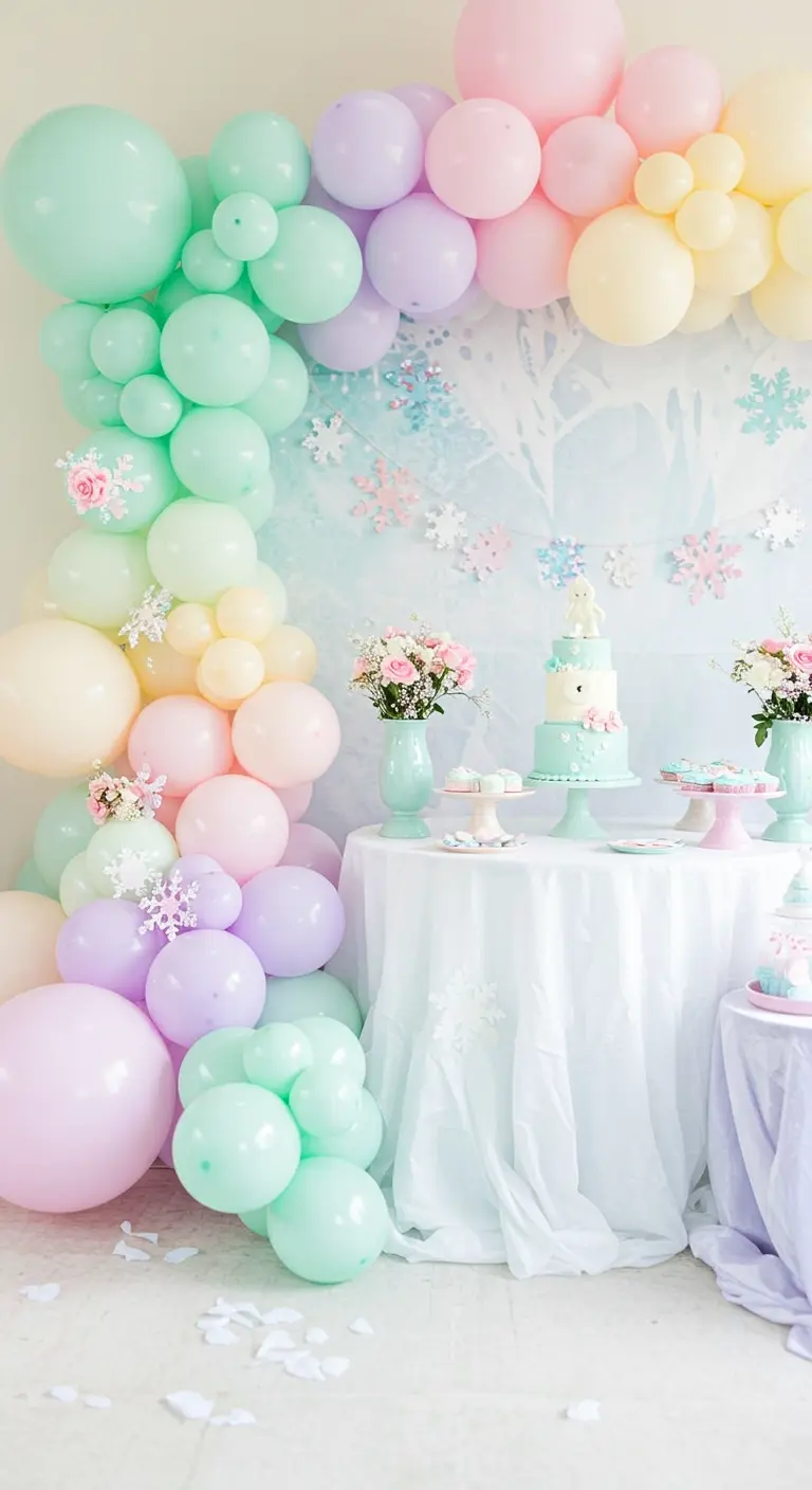 A beautiful pastel balloon arch in mint, pink, and yellow, decorated with fresh flowers.