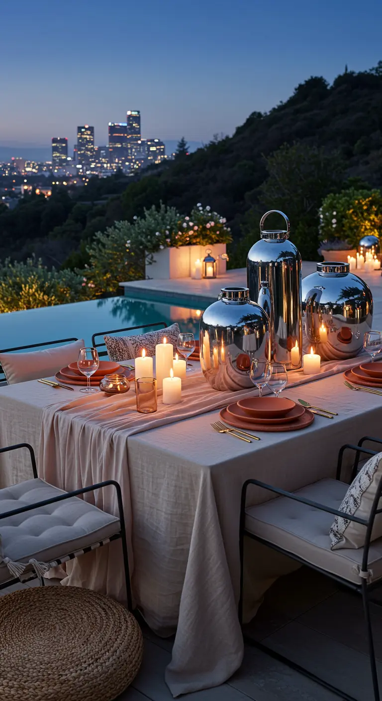 Poolside table at dusk with large chrome lanterns and terracotta plates.