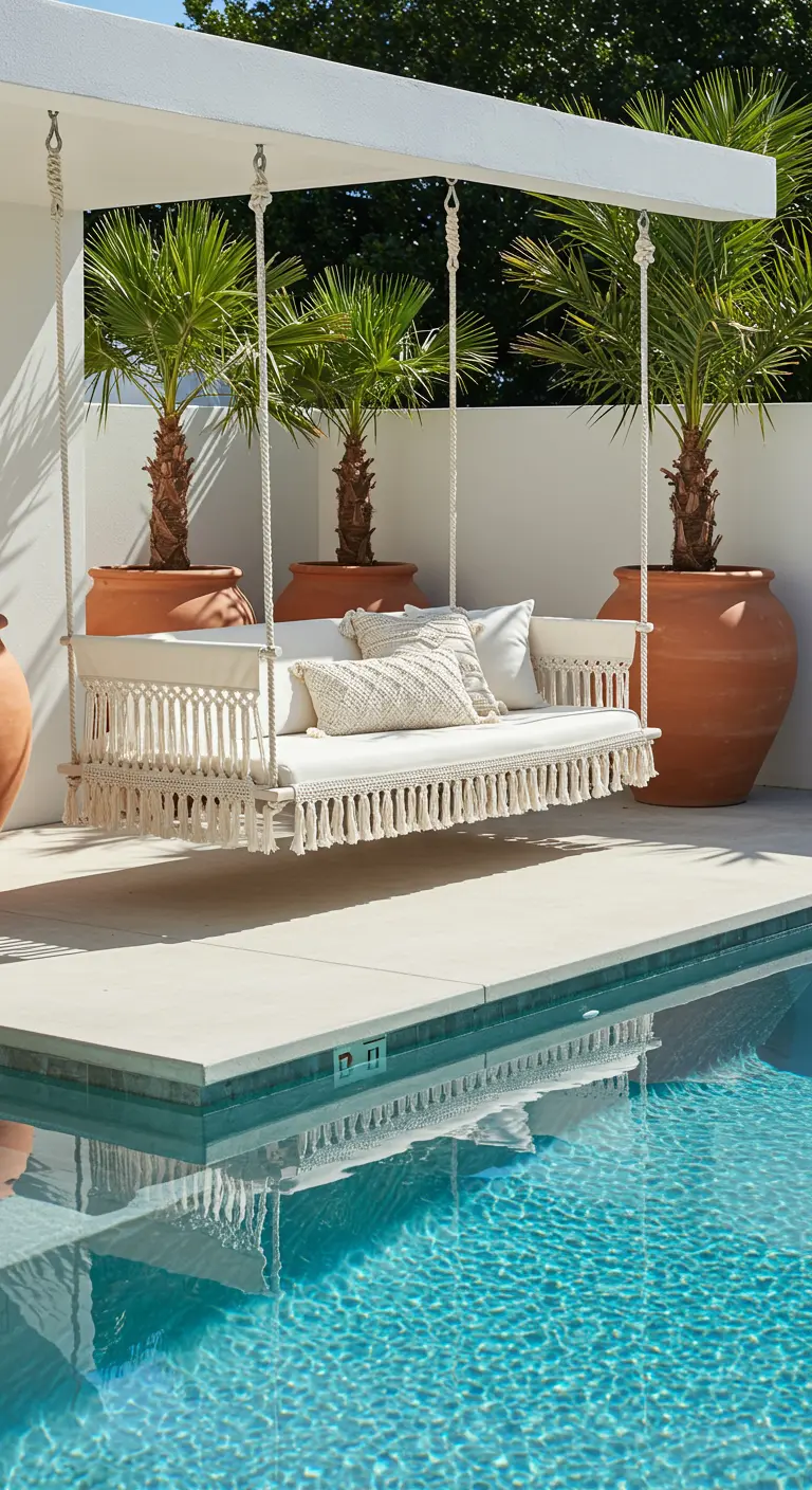 White fringed swing sofa by a pool with large potted palm trees.