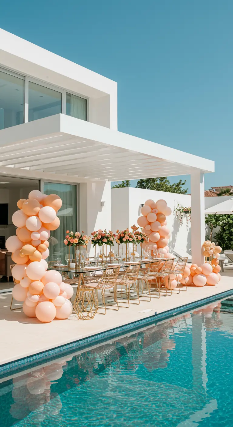 A party table by a pool framed by a massive peach and gold balloon arch.