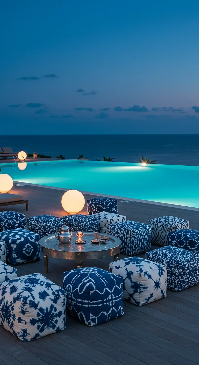 Blue and white tie-dye patterned poufs around a silver table by an infinity pool at dusk.
