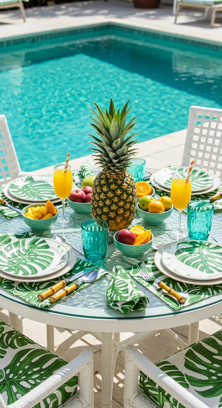 Poolside table with monstera-leaf plates, turquoise glasses, and a pineapple centerpiece