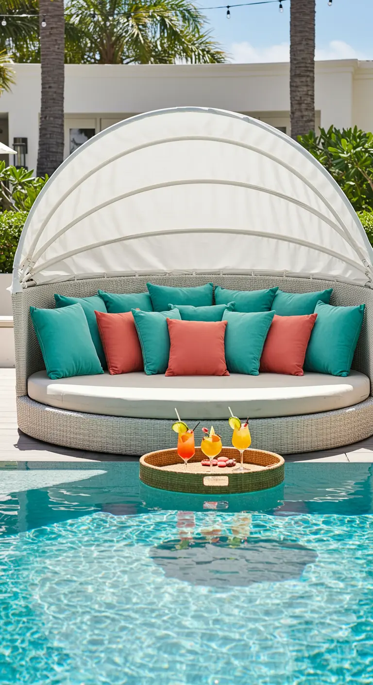 A round poolside daybed with coral and teal velvet pillows, with a floating tray of drinks in the water.