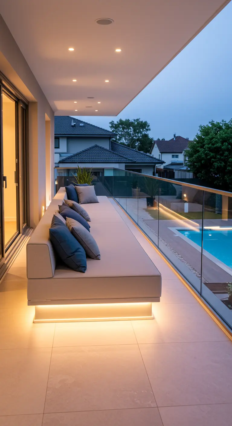 Long poolside daybed with warm LED underglow on a modern balcony.