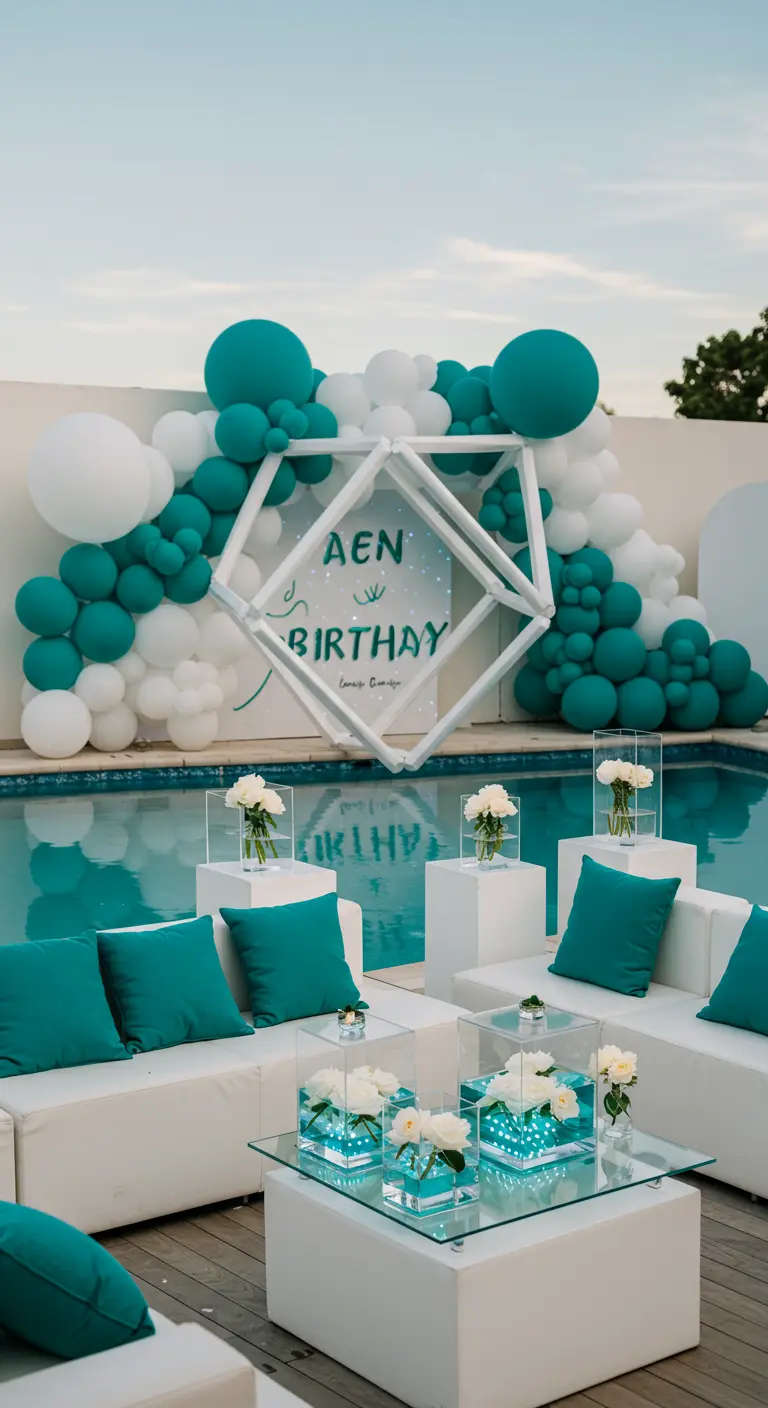 Teal and white balloon arch with a geometric diamond frame by a pool.