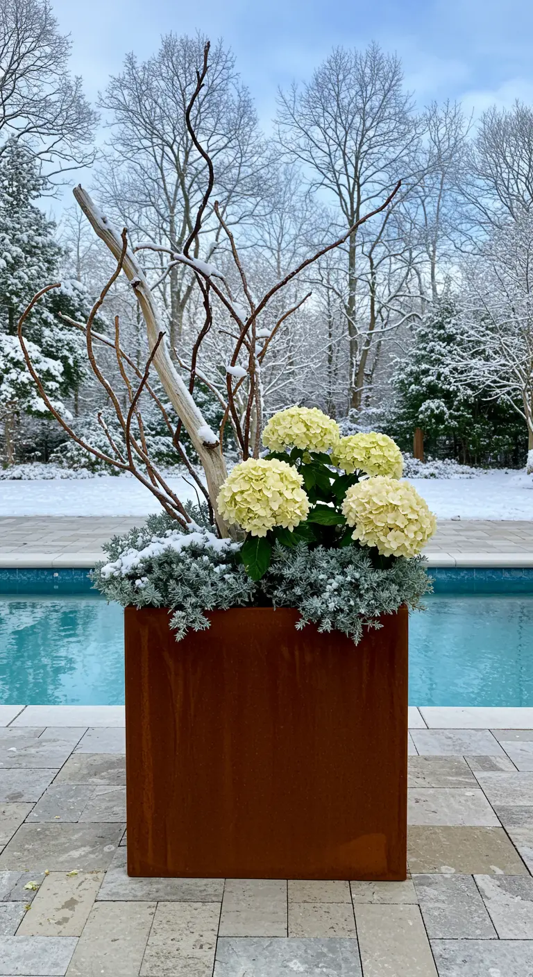 A Corten steel planter by a pool with hydrangeas, silvery foliage, and driftwood.