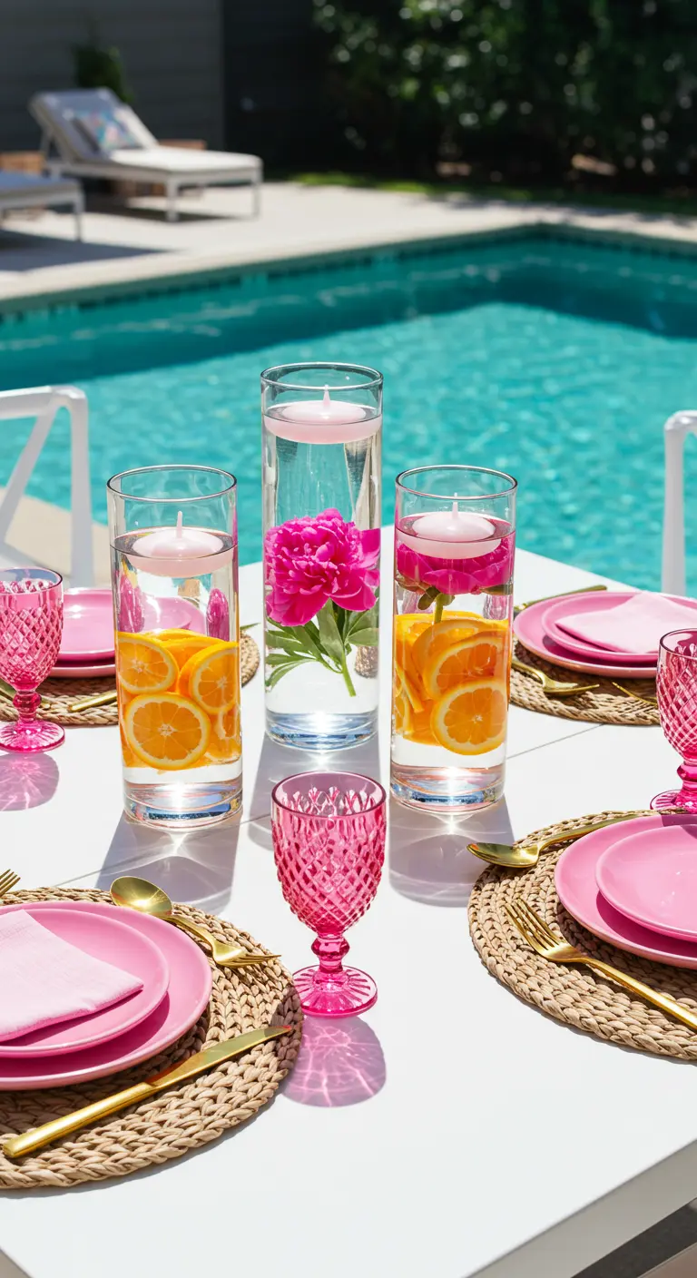 Floating candles in glass vases filled with orange slices and a pink peony by a pool.
