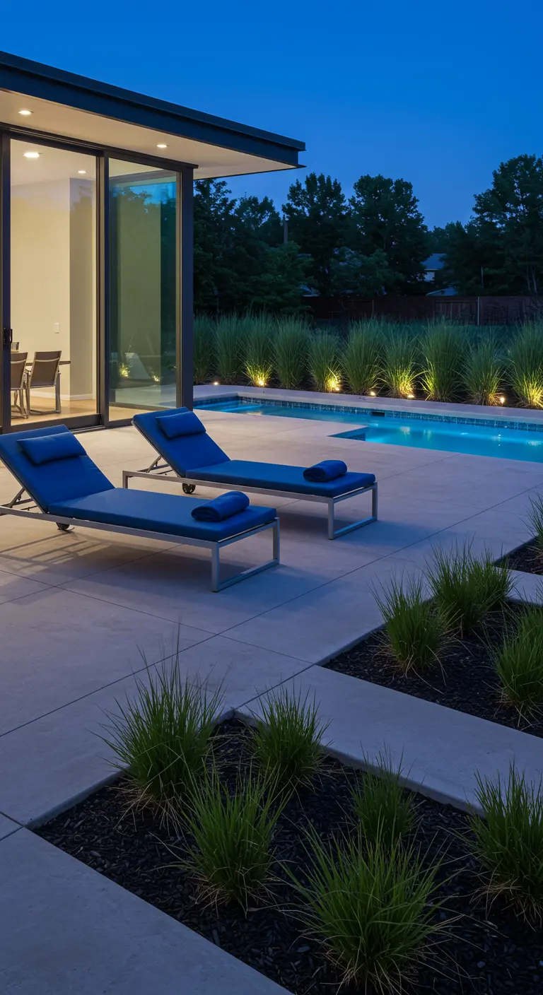 Blue chaise lounges by a modern pool with integrated garden beds filled with grasses at dusk.