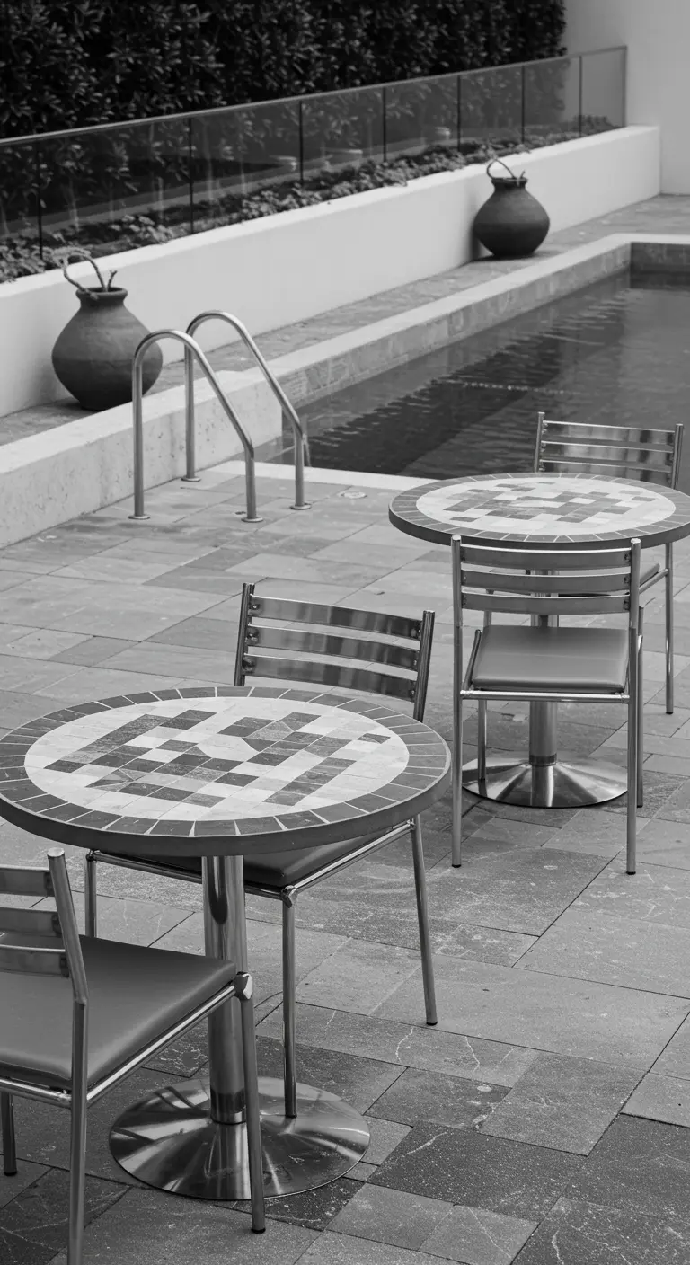 Monochrome bistro sets with pixelated mosaic tabletops and steel chairs by a pool.
