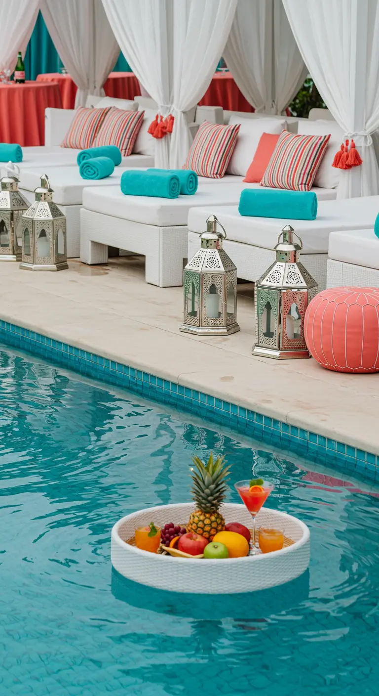 Poolside loungers with coral and turquoise accents and a floating fruit tray.