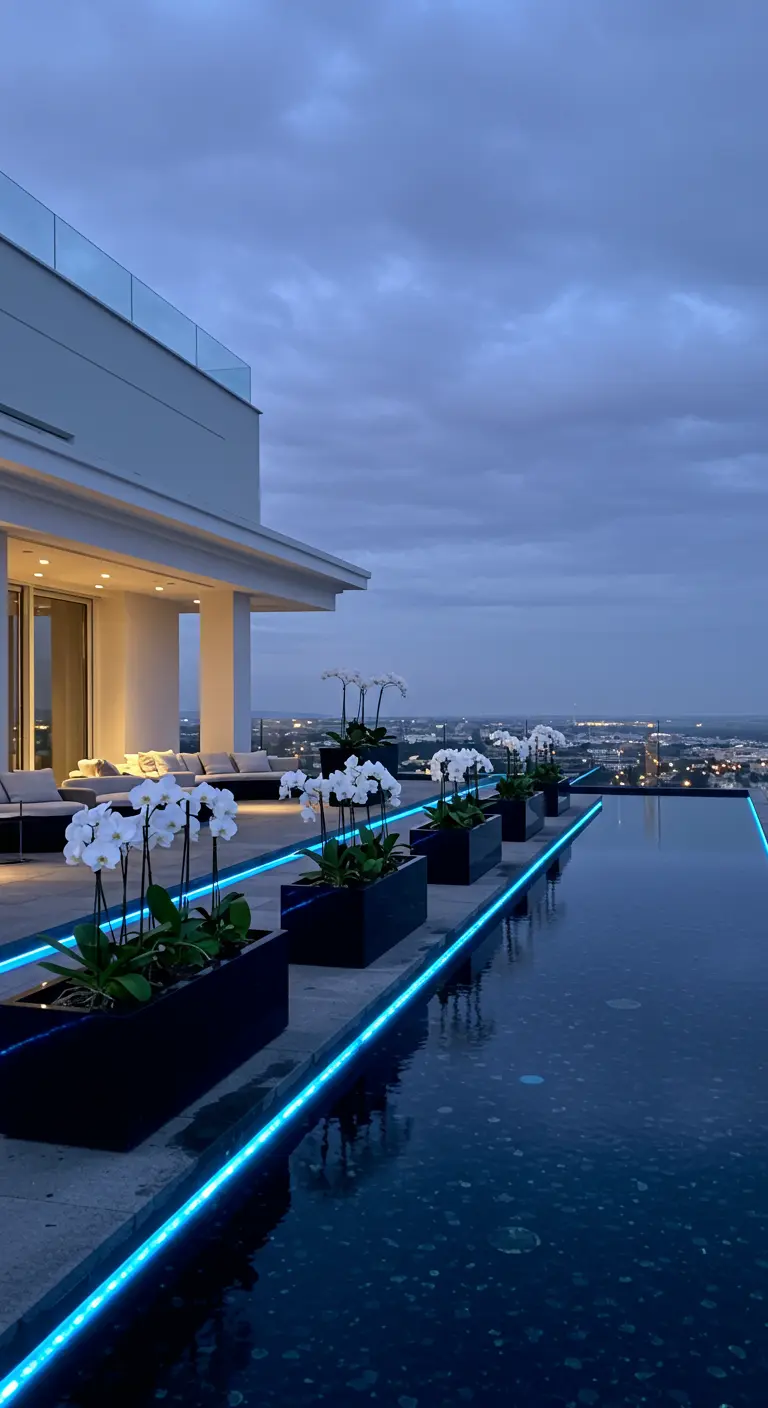 Black rectangular planters with white orchids lined up beside a pool, underlit with blue LEDs.