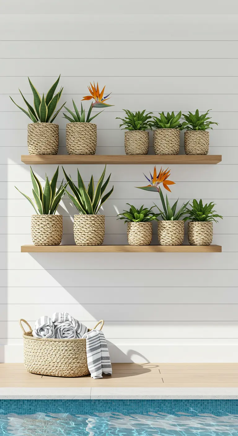 Two long teak shelves against a white shiplap wall by a pool, holding snake plants.