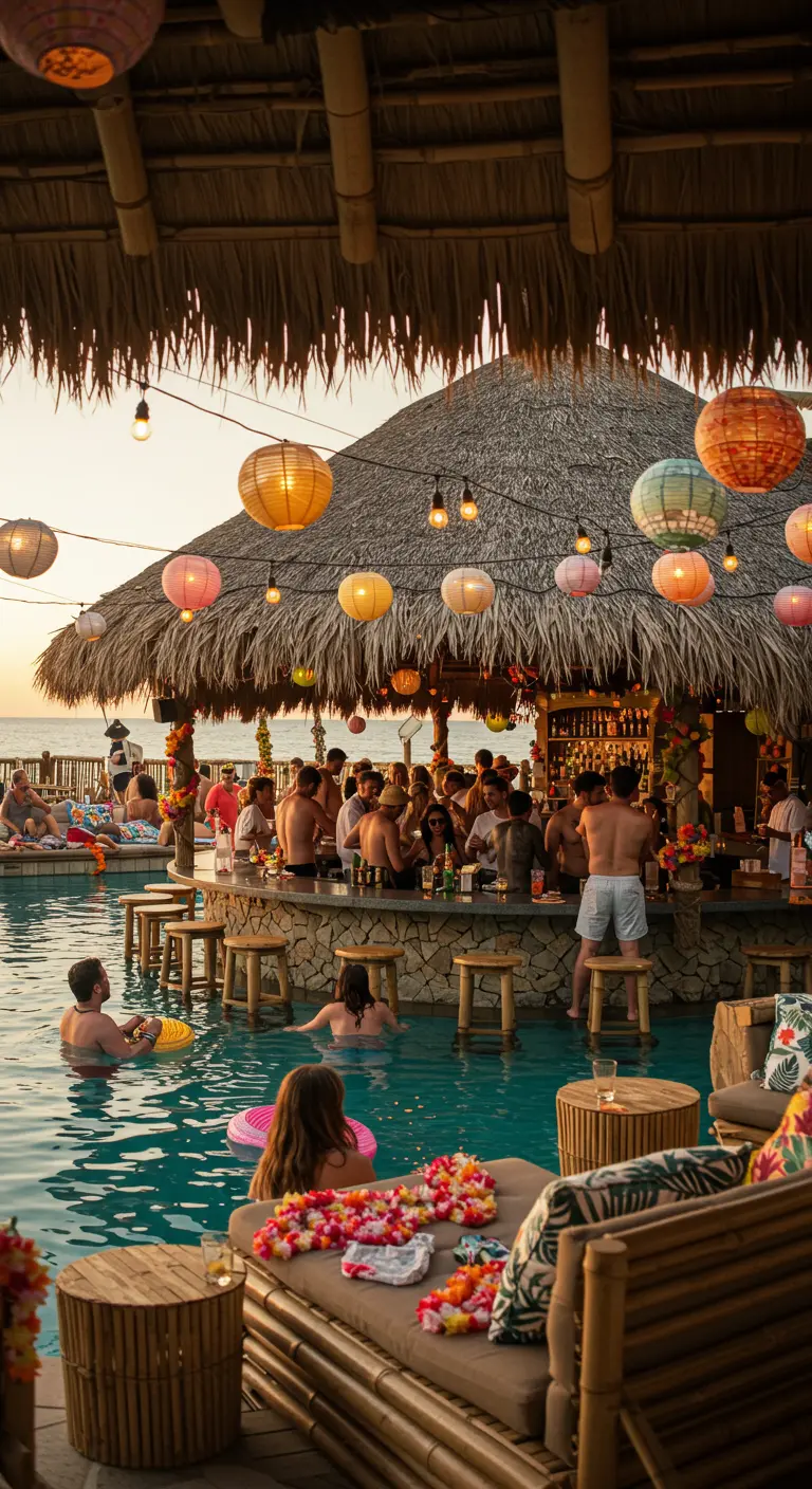 A bustling swim-up tiki bar at a pool, with colorful lanterns hanging from a thatched roof.