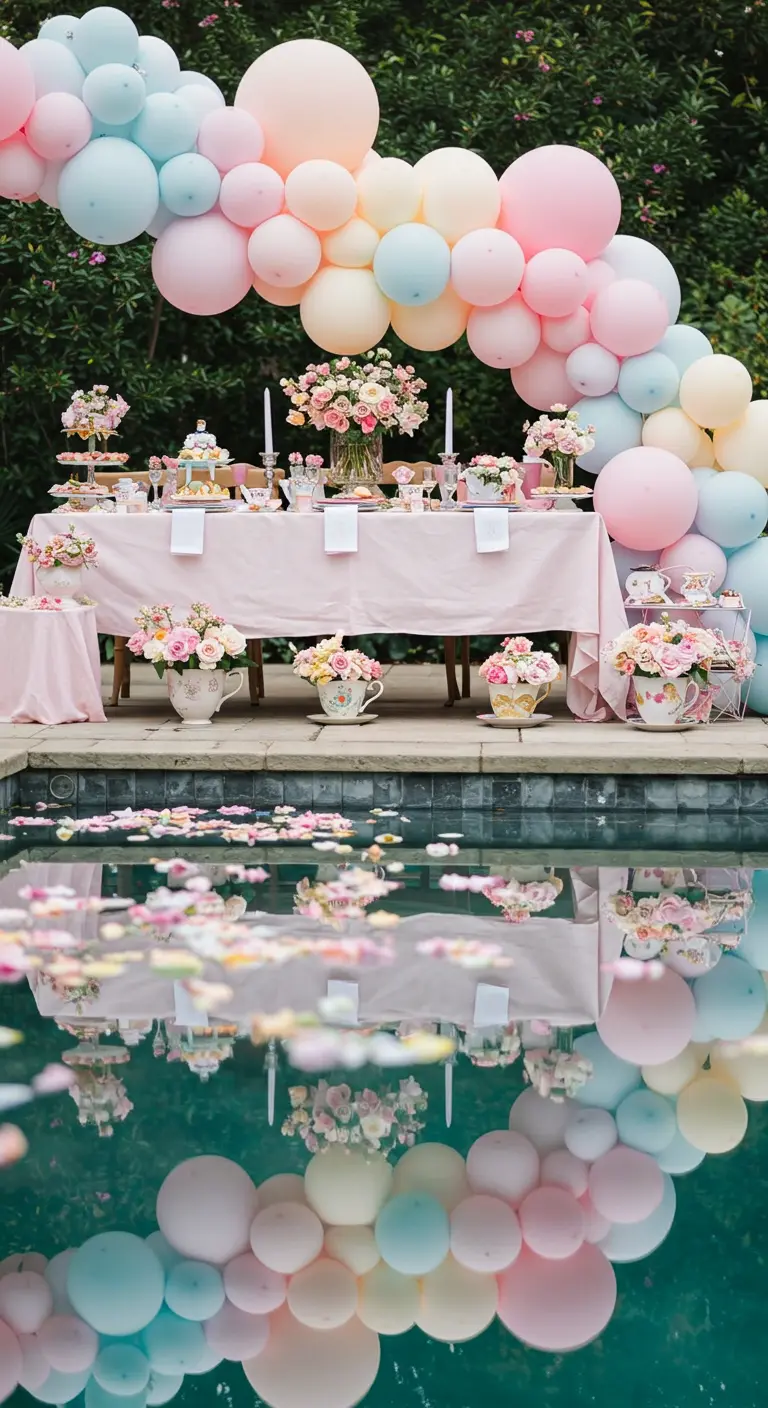 Poolside tea party table with a large pastel balloon arch reflected in the water.