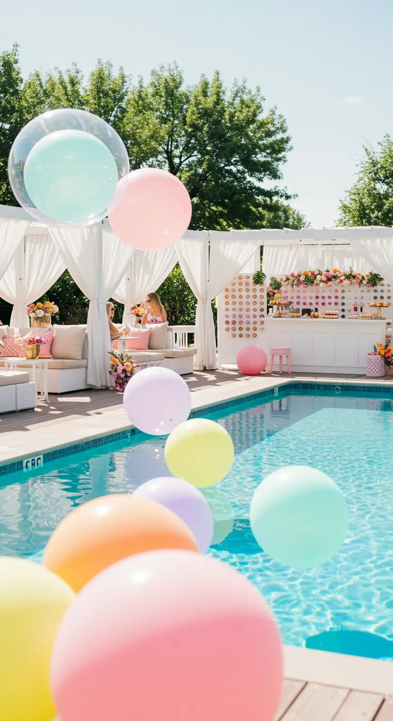 Pastel balloons floating in a swimming pool in front of a white poolside cabana party setup.