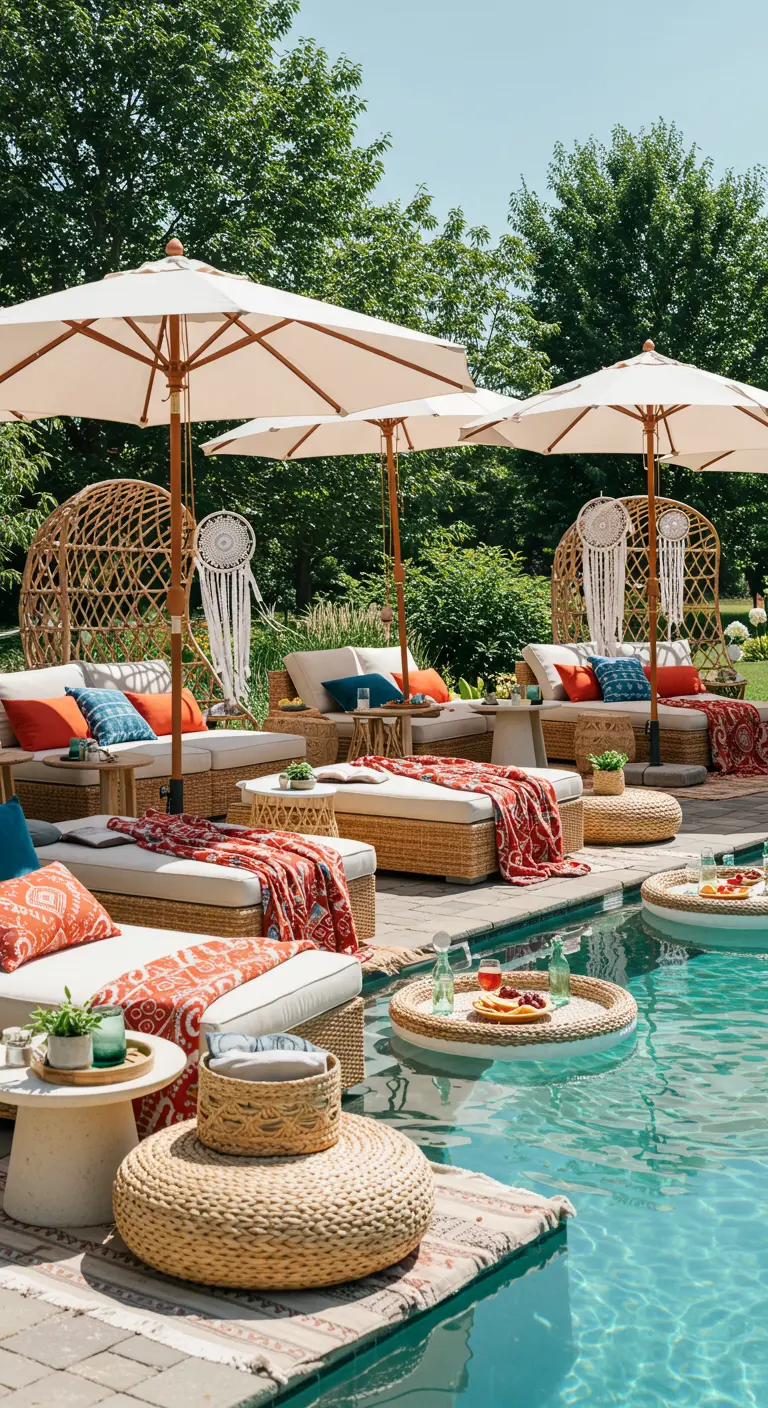 A chic poolside lounge area with rattan chairs, umbrellas, and floating trays.