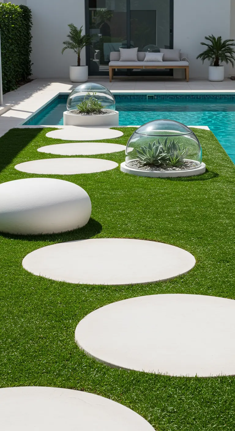 Modern white circular stepping stones and planters with glass domes by a swimming pool.