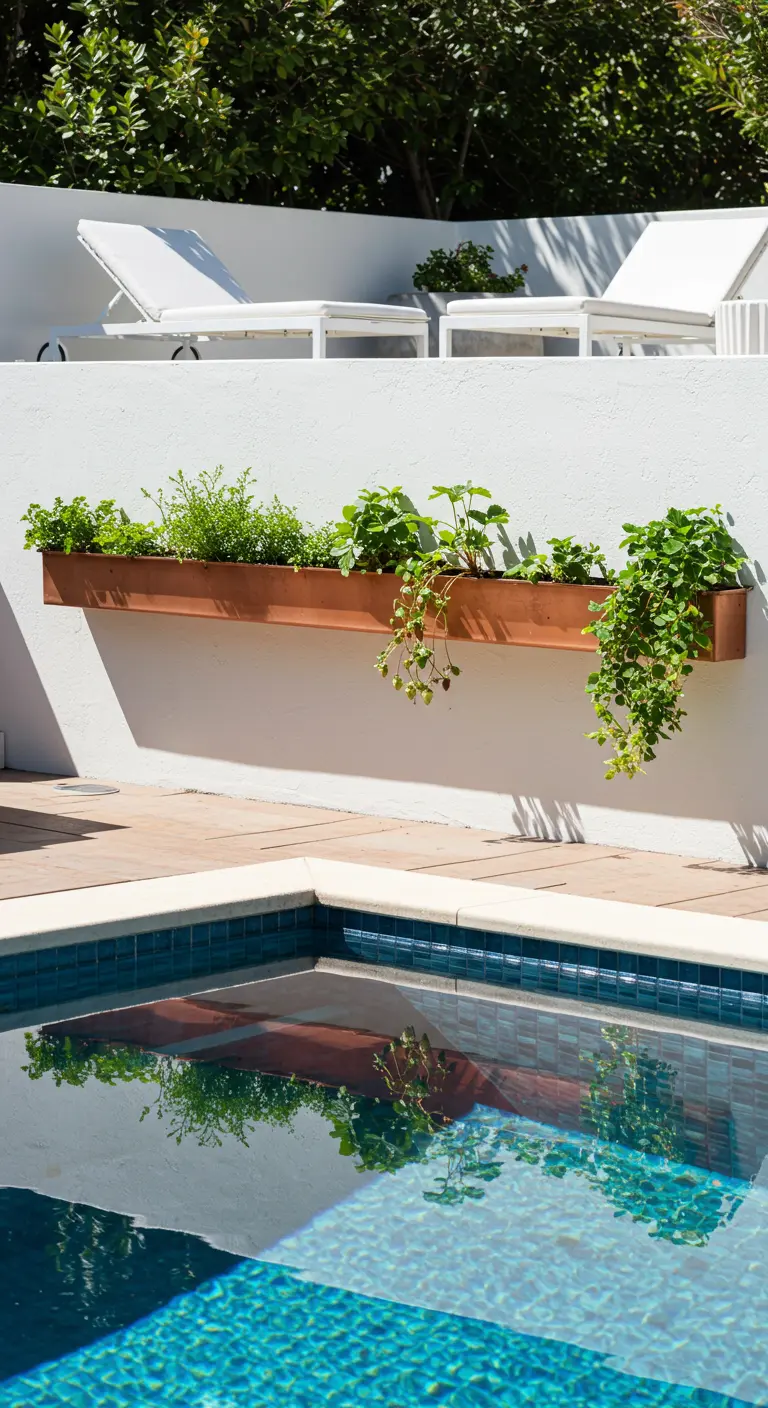 Long copper planter with strawberries and herbs by a swimming pool