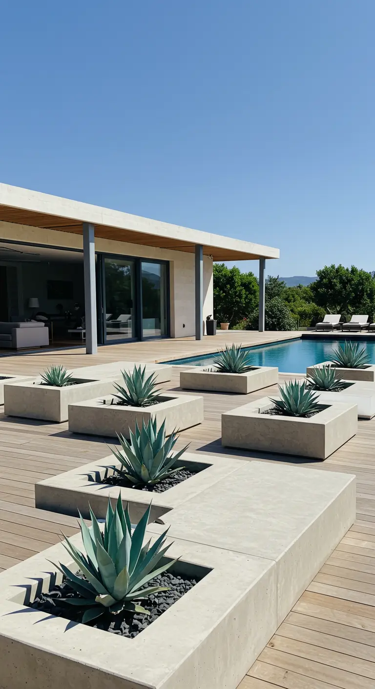 A series of concrete benches with integrated planters holding agave plants next to a swimming pool.