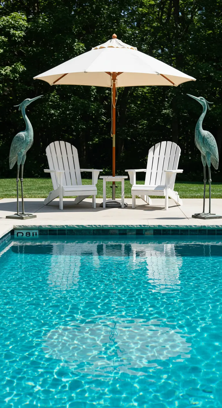 Two tall heron statues flank a pair of white Adirondack chairs and an umbrella by a pool.