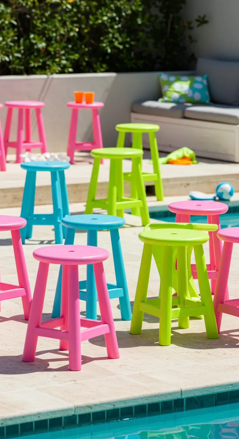 Neon pink, green, and blue stools scattered around a bright, sunny swimming pool.
