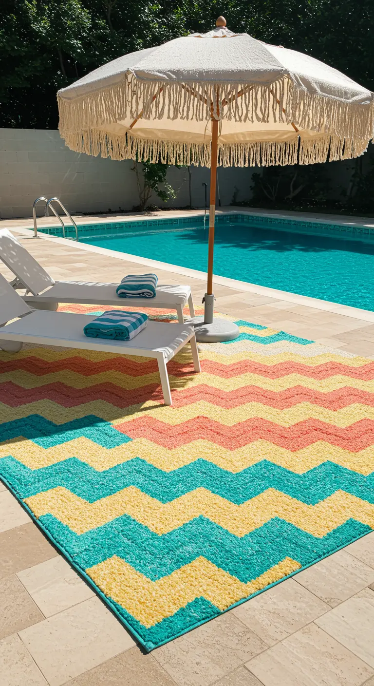 A colorful chevron rug in turquoise, yellow, and pink by a bright blue swimming pool.