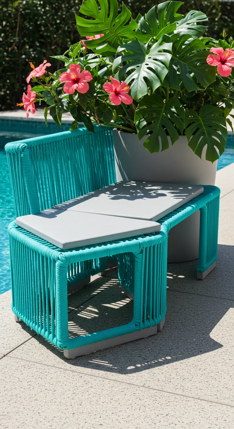 A modern bench and chair set completely wrapped in bright turquoise rope by a swimming pool.