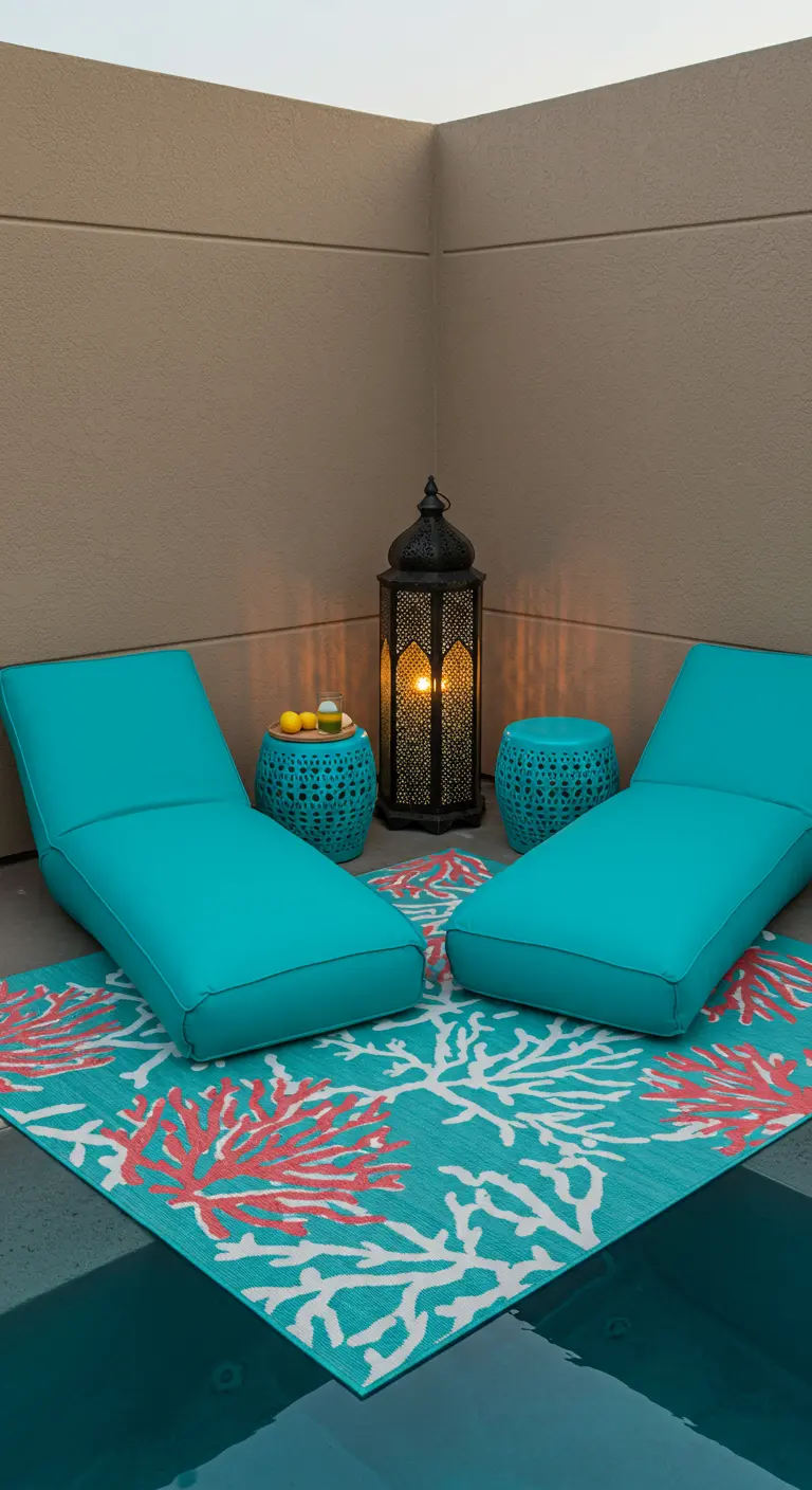 Poolside area with bright turquoise loungers, a coral-patterned rug, and a Moroccan lantern.