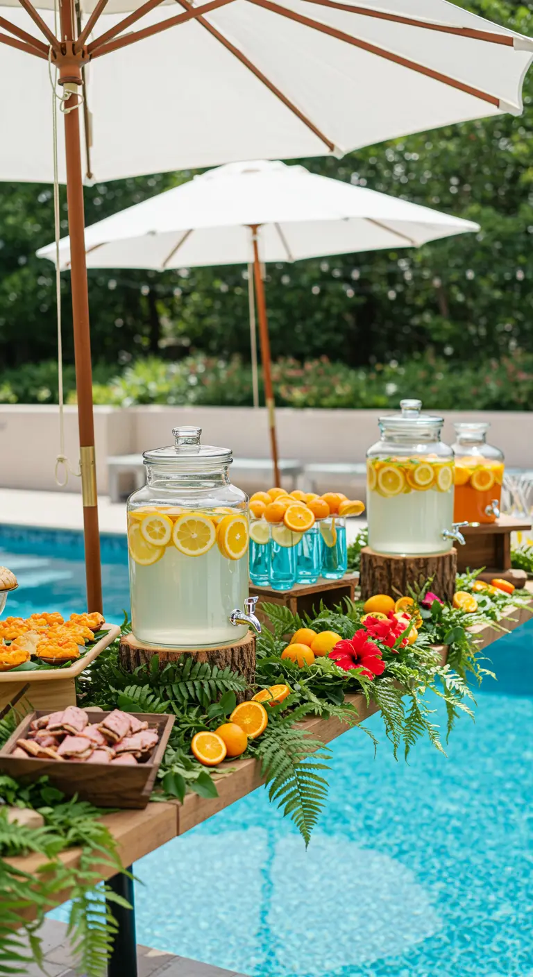 A poolside snack bar decorated with a fern garland and large jars of citrus-infused water.