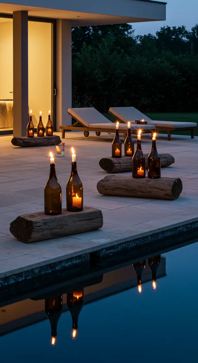 Driftwood logs with amber bottle candles lining the edge of a modern swimming pool at night.