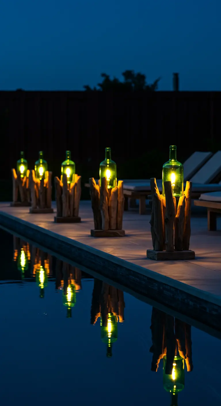 A row of green wine bottle lanterns with driftwood bases lining the edge of a pool at night.
