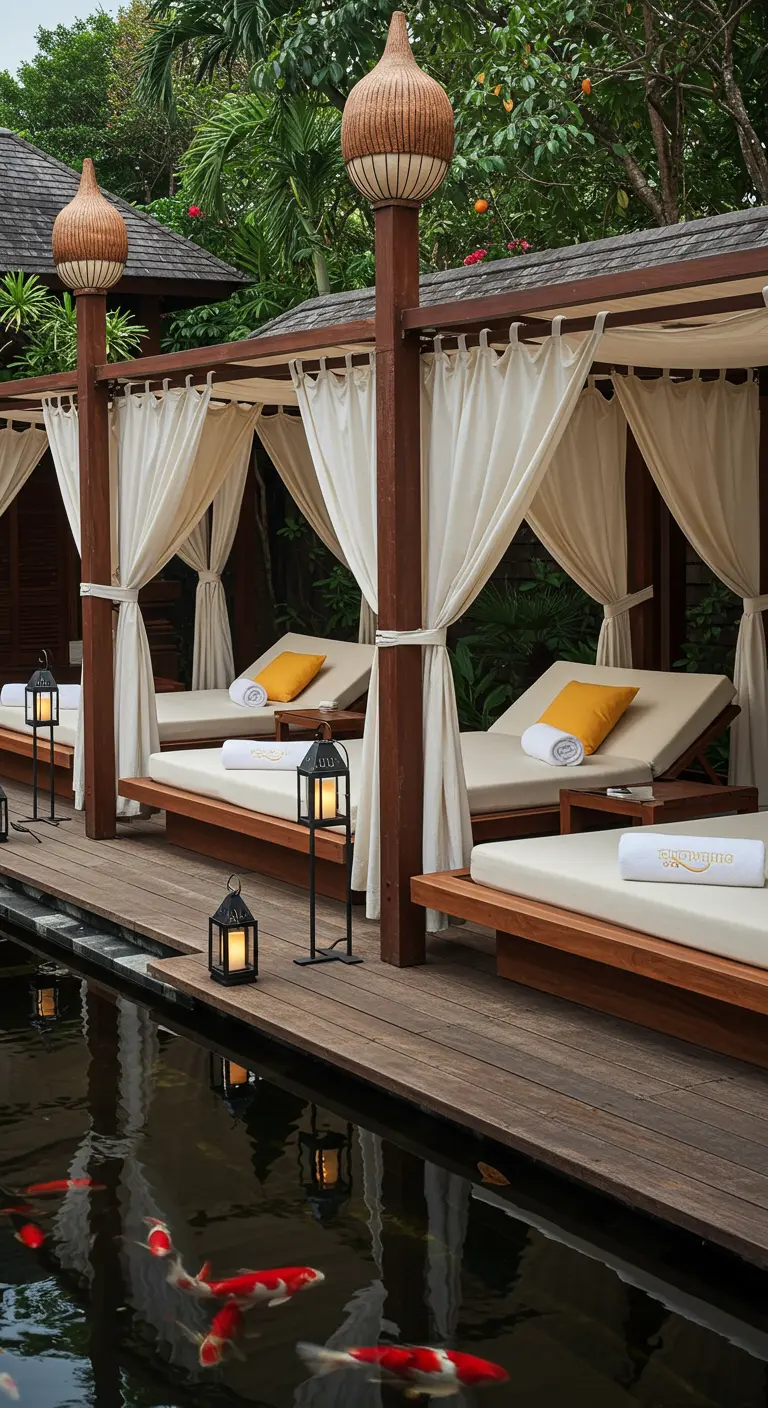 Row of teak loungers with canopies beside a tranquil pond with koi fish.