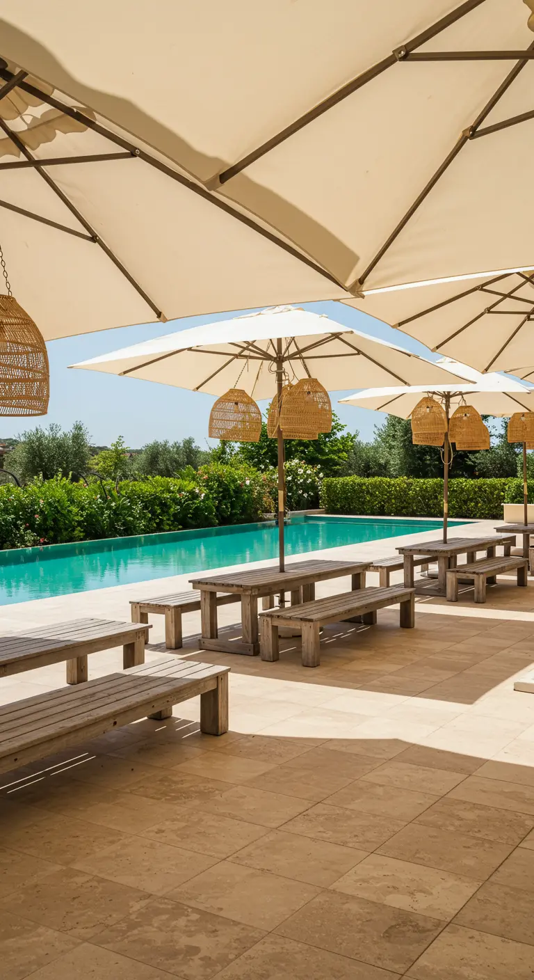 Poolside seating with umbrellas that have small wicker lanterns hanging from them.