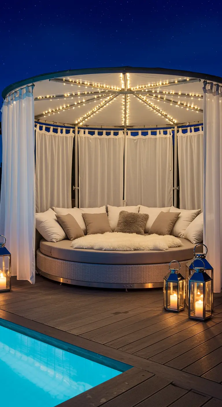 A round poolside daybed with a canopy lit by fairy lights and surrounded by lanterns.